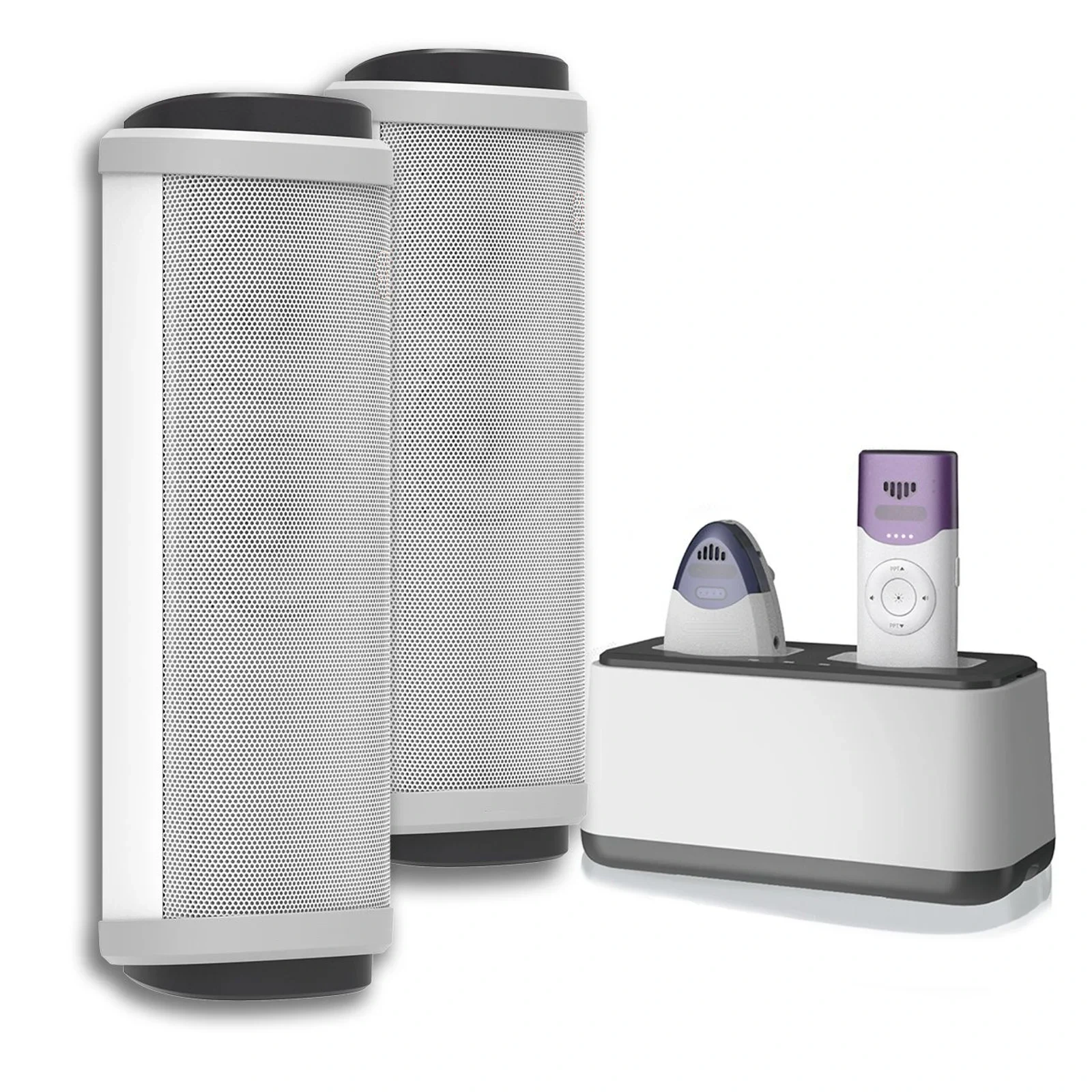 IR-S2 all-in-one infrared classroom soundfield system with two column speakers, pendant microphone and charging dock. thumbnail 1